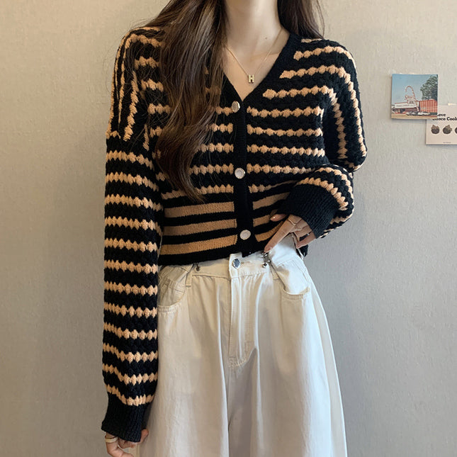 French Style Classic Style Cardigan Knitted Short Striped Sweater
