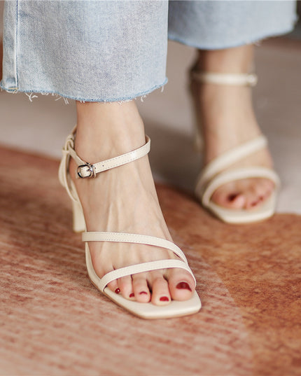 Summer Square Toe With Thick Heel Sandals Women's Mid-heel Soft Leather Black Roman Style