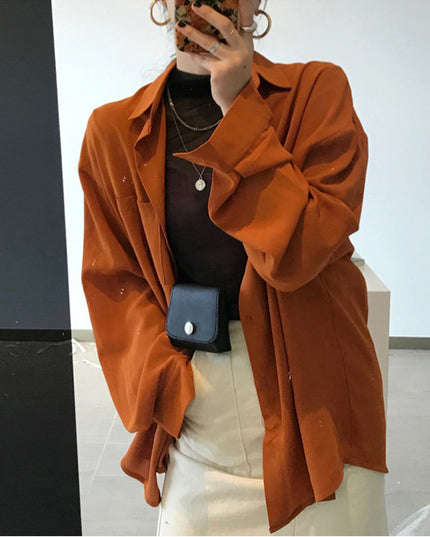 Women's Orange Lantern Sleeve Loose Casual Shirt