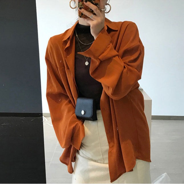 Women's Orange Lantern Sleeve Loose Casual Shirt