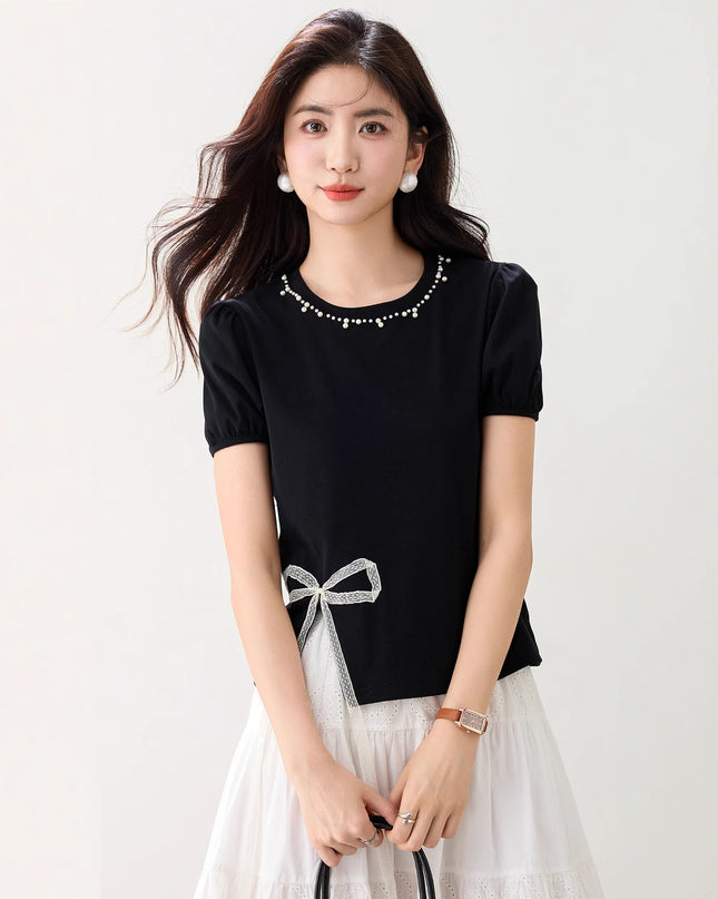 Round Neck Design Bow Beaded Short Top