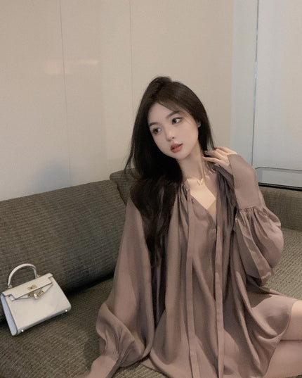 V-neck Slightly Transparent Autumn Loose Bubble Sleeve Shirt
