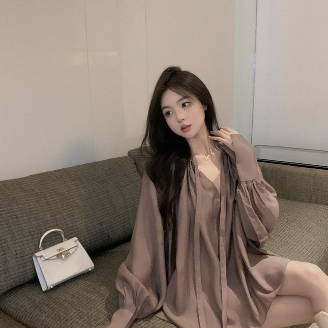 V-neck Slightly Transparent Autumn Loose Bubble Sleeve Shirt
