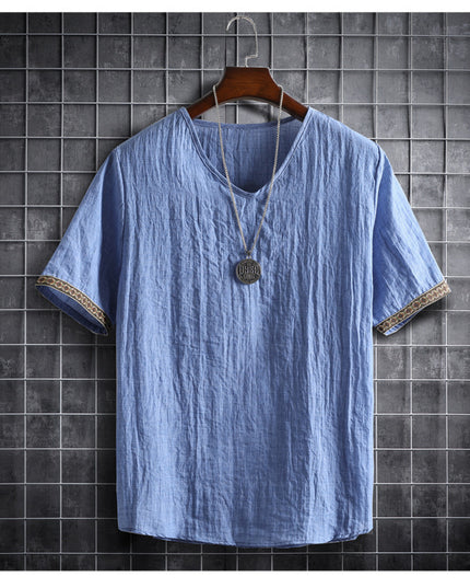 Vintage Linen V-Neck Short Sleeve T-Shirt Running Volume