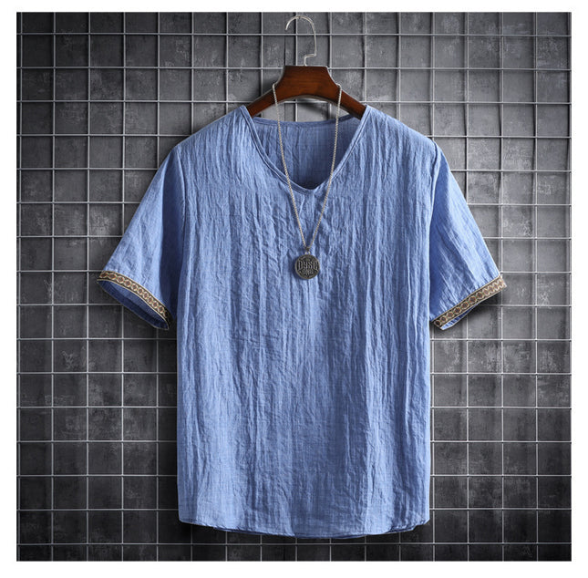 Vintage Linen V-Neck Short Sleeve T-Shirt Running Volume
