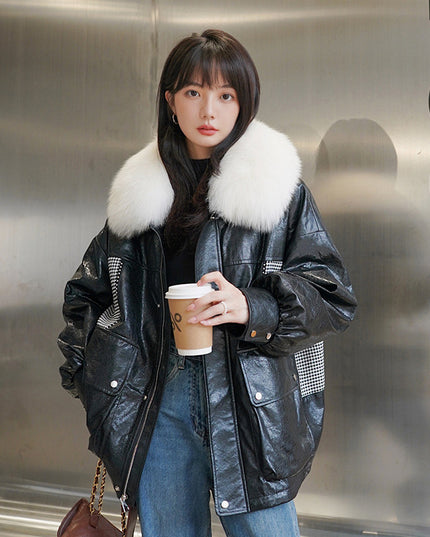 Loose Little Black Pie Overcoming Plaid Stitching Leather Coat And Cotton Jacket