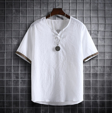 Vintage Linen V-Neck Short Sleeve T-Shirt Running Volume