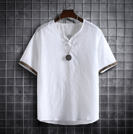Vintage Linen V-Neck Short Sleeve T-Shirt Running Volume