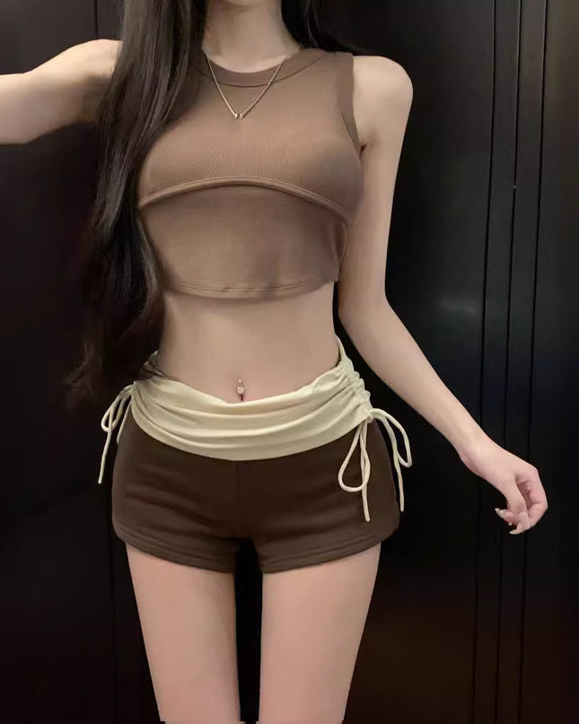 Women's Summer Pleated High Waist Contrast Color Drawstring Casual Shorts