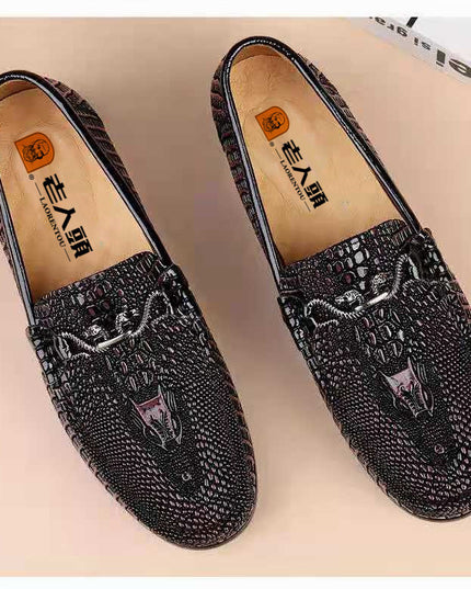 Slip-on Snake Pattern Embossed Leather Flat Driving Casual Leather Shoes