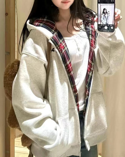 Retro Plaid Hooded Sweater For Women Fleece-lined