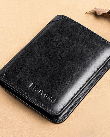 Men's Short Matte Leather Tri-fold Vertical Wallet