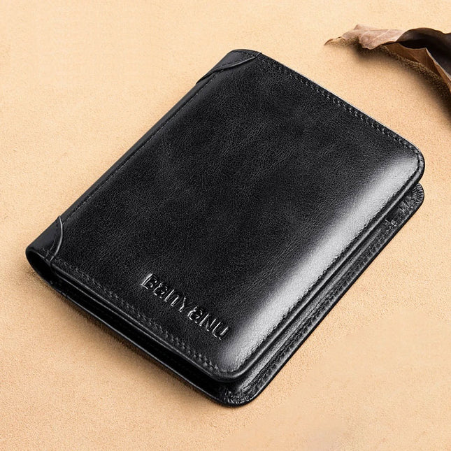 Men's Short Matte Leather Tri-fold Vertical Wallet