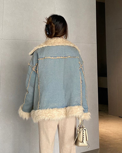 Denim Fur Collar Coat Women's Winter Hong Kong Style Vintage Top
