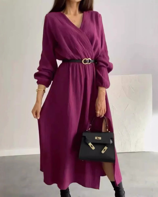 Fashion Long Sleeve Solid Color Waist Tight Dress