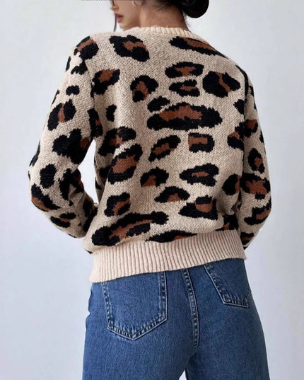 Round Neck Retro Commute Leisure Contrast Color Leopard Print Pullover Sweater