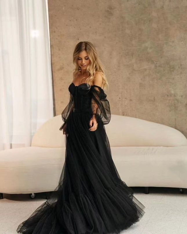 Women's Long Sleeve Transparent Lace Black Wedding Dress