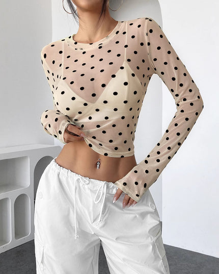 Design Sense See-through Dot Slim Mesh Round Neck Long Sleeve T-shirt