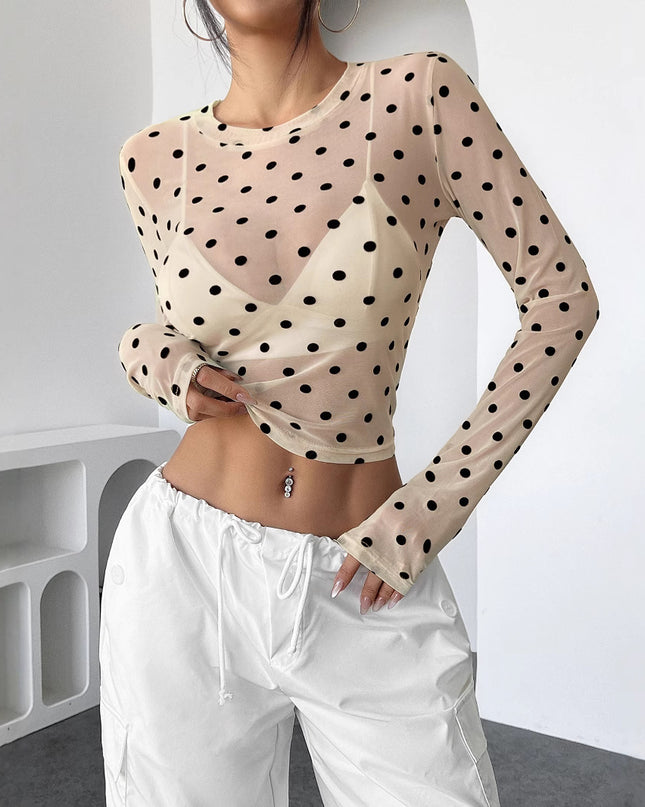 Design Sense See-through Dot Slim Mesh Round Neck Long Sleeve T-shirt