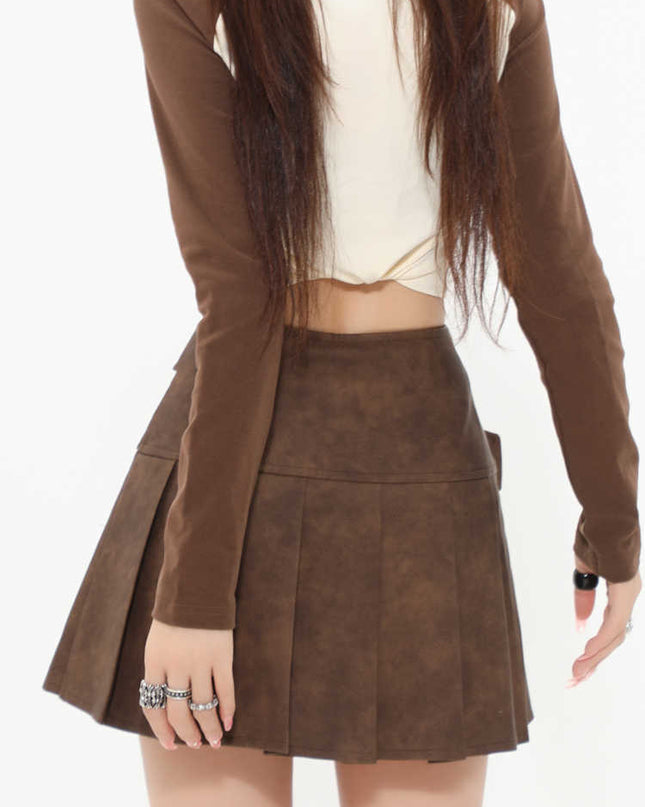 PU Leather Skirt High Waist Slimming A- Line Pleated Skirt