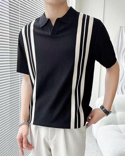 Men's Mixed Color Stripe Slim Lapel T-shirt