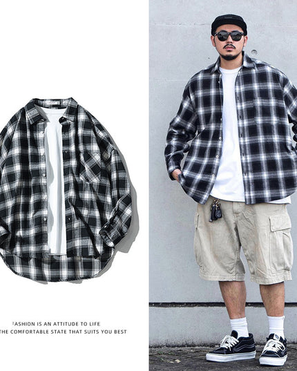 Japanese Style Plaid Long Sleeve Shirt Men Loose-fitting Workwear Jacket