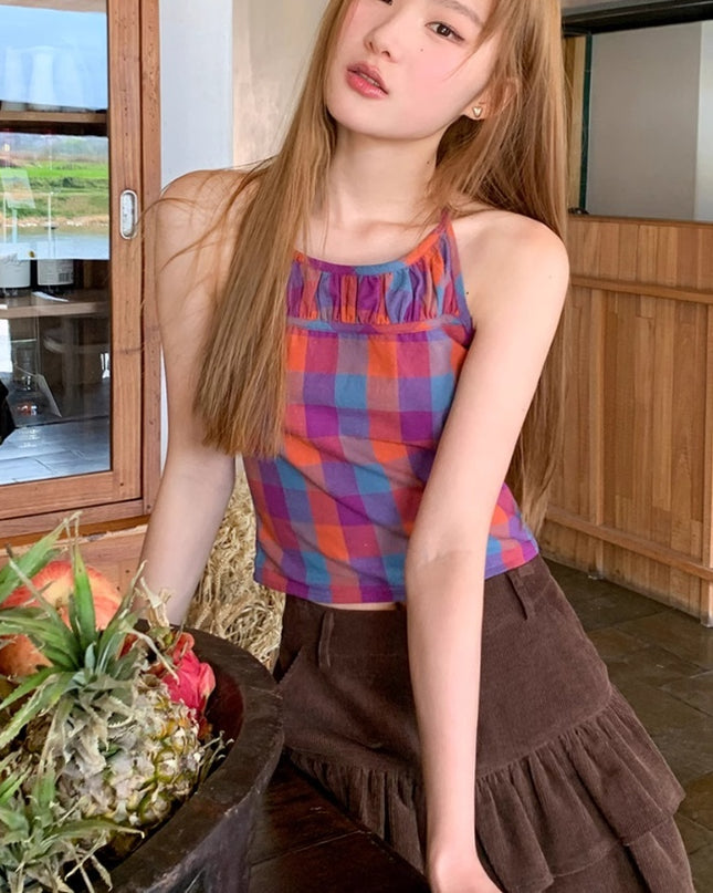 Split Stitching Plaid Halter Spaghetti Straps Vest Summer New Slim Fit Slimming