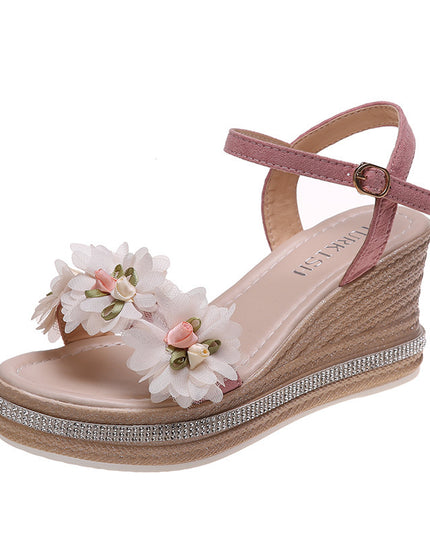 Muffin Wedge Beaded Flower Buckle Sandals