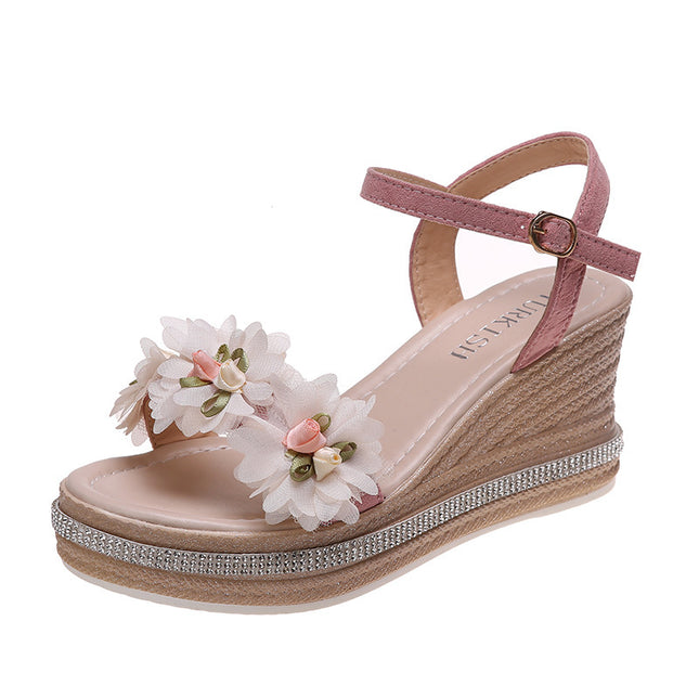 Muffin Wedge Beaded Flower Buckle Sandals