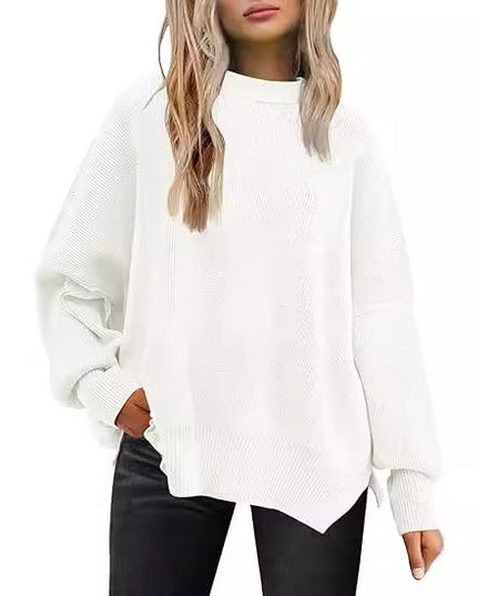 Thick Needle Side Slit Sweater Round Neck Loose Solid Color Batwing Long Sleeve Sweater For Women