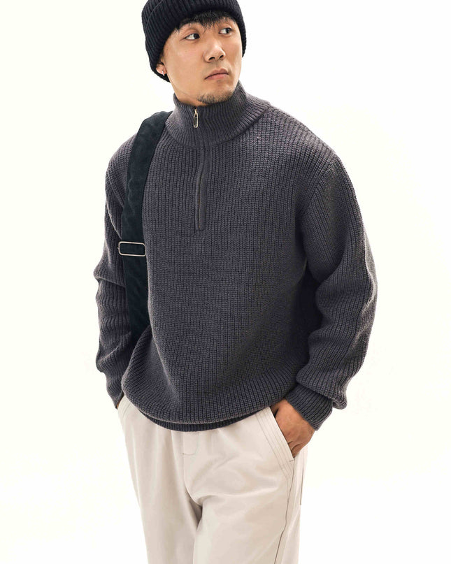 Thick Needle Wool Yarn American Retro Half Zipper Turtleneck Sweater Pullover For Men