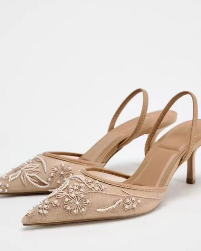 Spring New Product  Women's Rear Strap Embroidered Mesh High Heels
