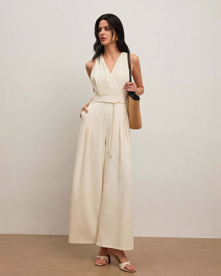 Women's Solid Color And V-neck Sleeveless Fashion Casual Jumpsuit