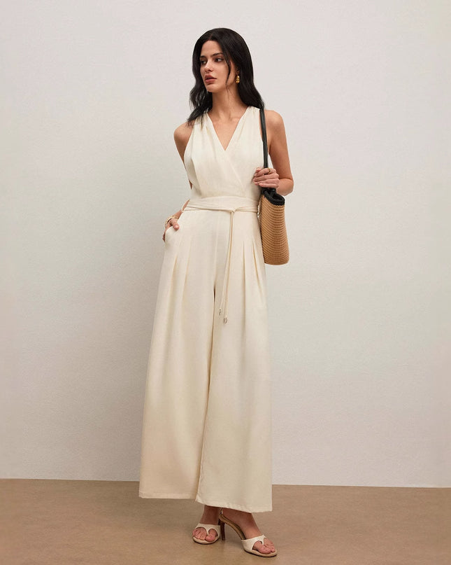 Women's Solid Color And V-neck Sleeveless Fashion Casual Jumpsuit