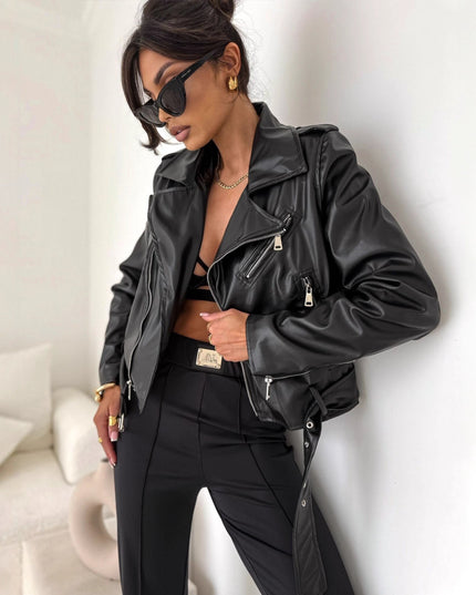European And American Short Poly Urethane Leather Coat Top Zip Jacket