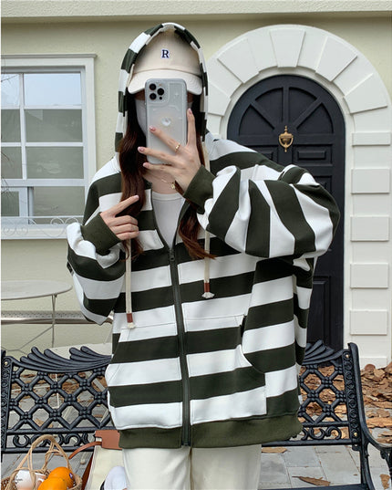 Striped Hooded Sweater Women's Loose Cardigan Zipper Coat