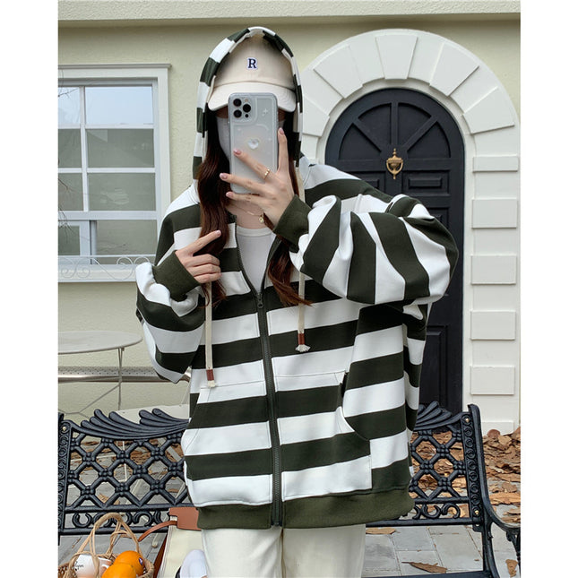 Striped Hooded Sweater Women's Loose Cardigan Zipper Coat