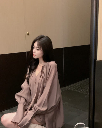 V-neck Slightly Transparent Autumn Loose Bubble Sleeve Shirt