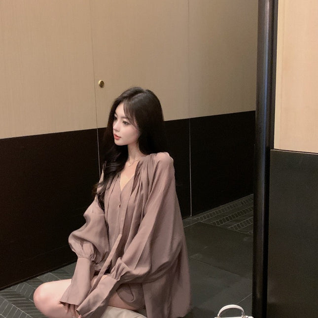 V-neck Slightly Transparent Autumn Loose Bubble Sleeve Shirt