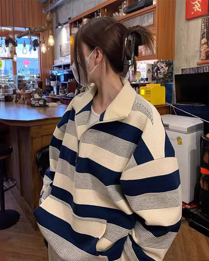 Women's American-style Retro Half-zip Striped Sweater