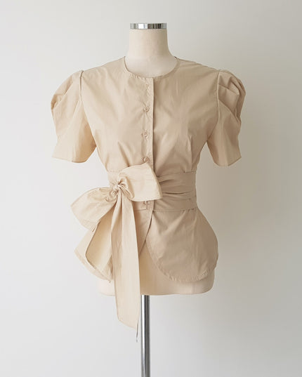 Ladies Temperament Round Neck Single-breasted Tie-waist Top