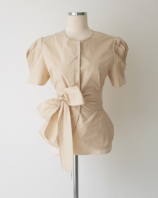 Ladies Temperament Round Neck Single-breasted Tie-waist Top