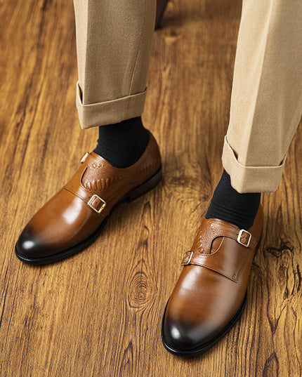 Men's First Layer Cowhide Summer Round Toe Double Buckle Retro Style Business Leather Shoes