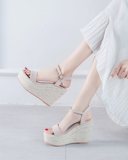 Open Toe Ankle-strap Buckle Wedge Woven Sandals