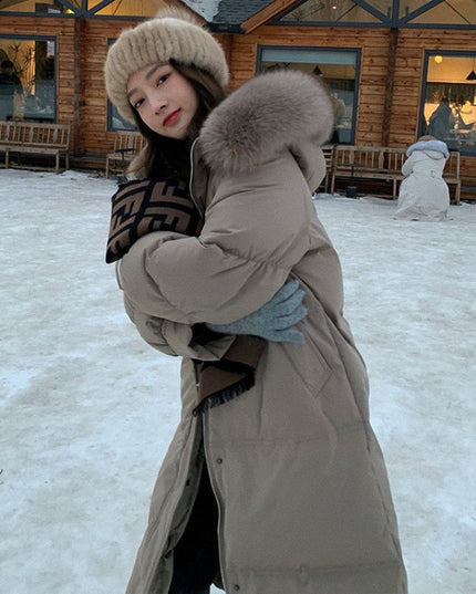 White Duck Down Jacket Women's Mid-length Big Fur Collar Loose Thick