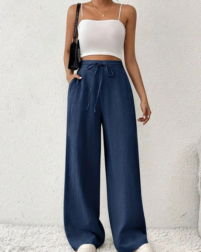 European And American Women's Clothing Casual Wide Leg Lace-up Pocket Casual Pants