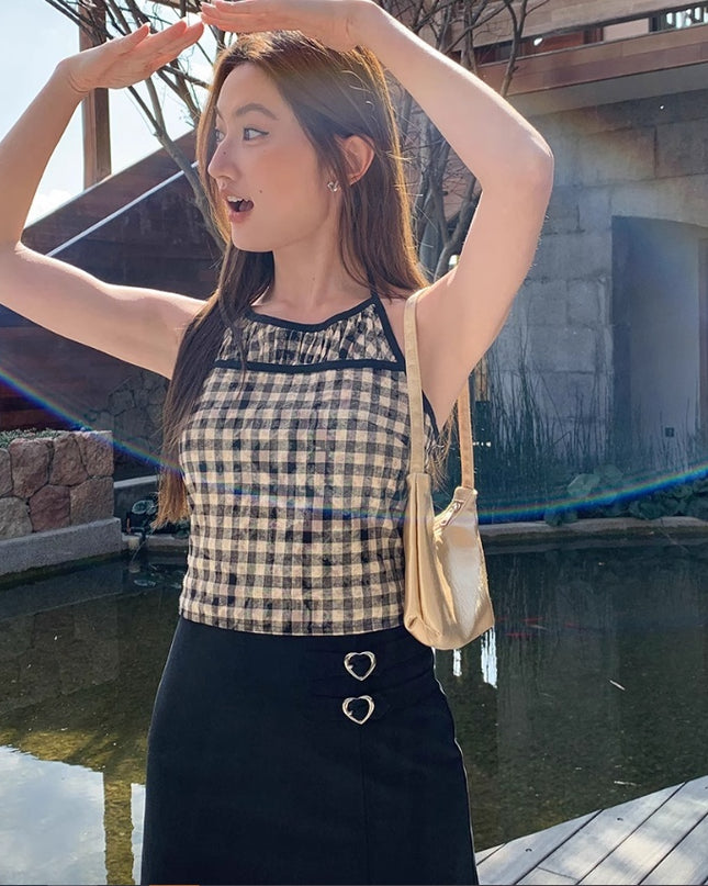 Split Stitching Plaid Halter Spaghetti Straps Vest Summer New Slim Fit Slimming