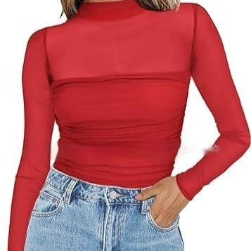 Pure Color Half Collar Mesh Stitching Sexy Top