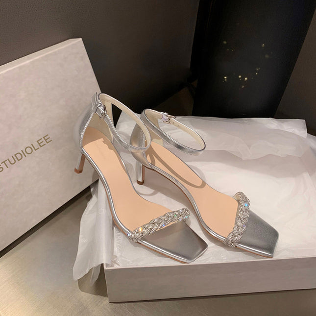 Braided  Diamond Word With Square Toe  Toe Stiletto Temperament Sandals