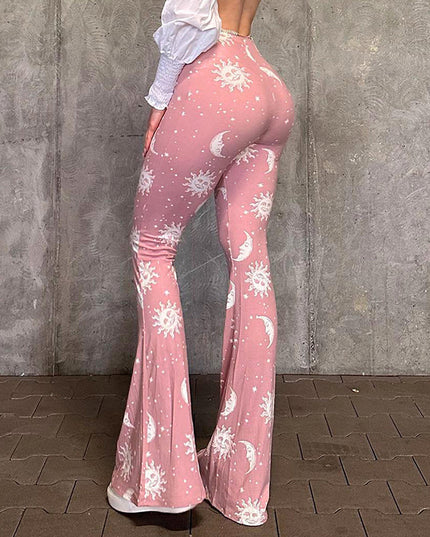 Starry Sun Pattern Printed High Waist Flared Pants